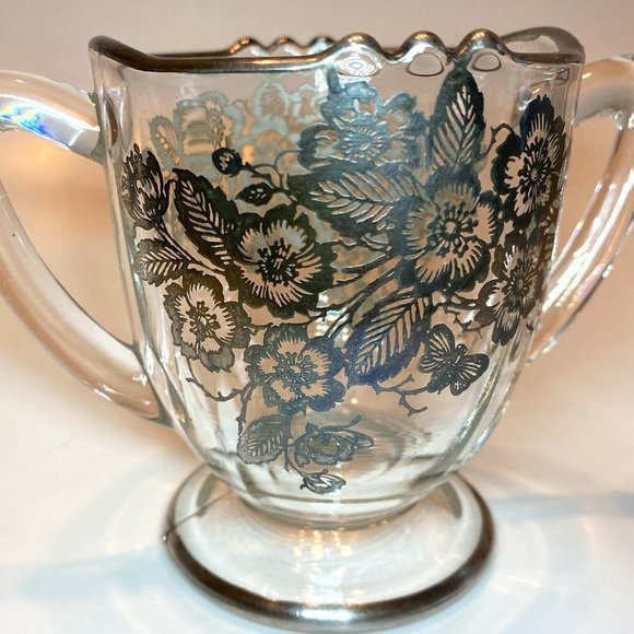 Vintage Glass Sugar and Creamer Silver Floral Overlay - Picture 3 of 5